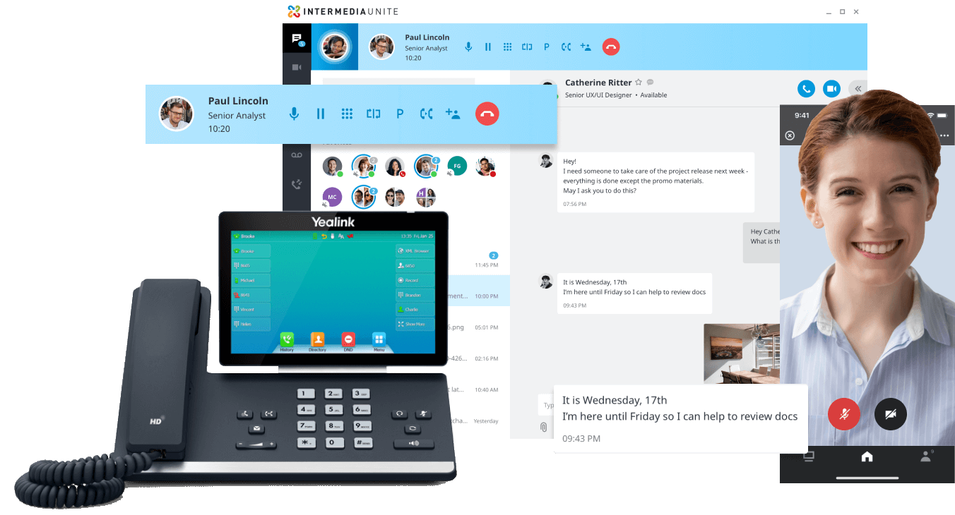 ElevateDevices2 IP phone, chat, and woman smiling in video meeting